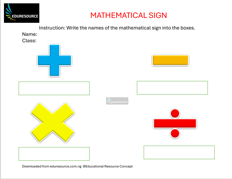 Mathematics Sign Worksheet