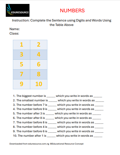 Numbers Worksheet