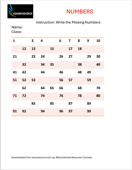 Numbers Worksheet