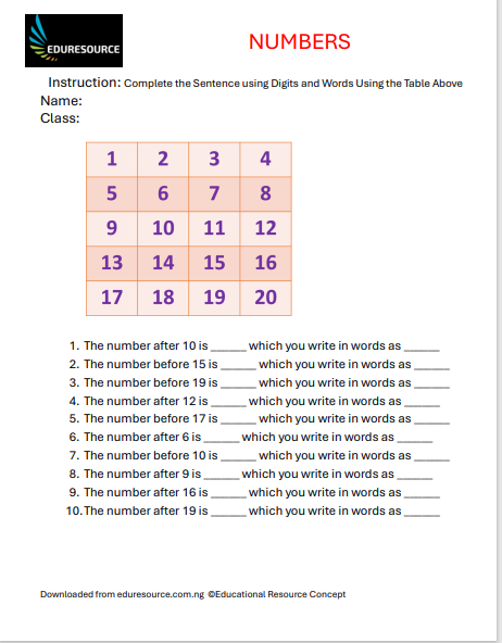 Numbers Worksheet