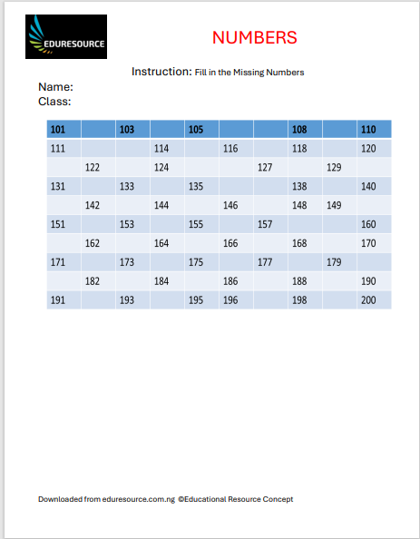 Numbers Worksheet