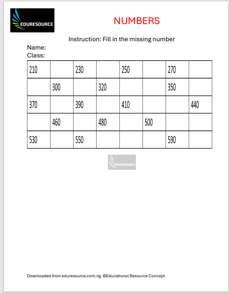 Numbers Worksheet